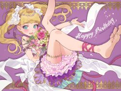Rule 34 | 1girl, anklet, arm garter, barefoot, blonde hair, bloomers, blunt bangs, blush, bouquet, bow, dated, dress, flower, hair bow, happy birthday, highres, holding, holding bouquet, idolmaster, idolmaster cinderella girls, jewelry, looking at viewer, mary cochran, mizunoawa c, purple dress, smile, solo, twintails, underwear