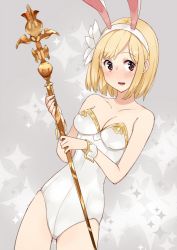 Rule 34 | 10s, 1girl, :d, alternate costume, amami amayu, animal ears, bare arms, bare shoulders, blonde hair, blush, breasts, cleavage, collarbone, djeeta (granblue fantasy), dutch angle, eyebrows, fake animal ears, granblue fantasy, grey background, hairband, holding, holding staff, leotard, looking at viewer, medium breasts, open mouth, playboy bunny, rabbit ears, red eyes, sage (granblue fantasy), short hair, simple background, smile, solo, sparkle, staff, standing, strapless, strapless leotard, thighs, wrist cuffs