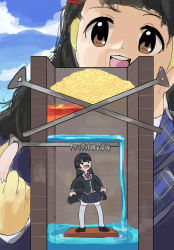 Rule 34 | 2girls, animegao, black footwear, black hair, black jacket, blazer, blue legwear, blue skirt, blunt bangs, bow, bowtie, brown eyes, character mask, commentary request, cosplay, escape ad, face, hair ornament, hairclip, highres, jacket, kigurumi, lapels, long hair, long sleeves, looking at viewer, looking up, mask, multiple girls, nazono mito, ngo (tlkmmr), nijisanji, open mouth, plaid, plaid skirt, red bow, school uniform, shoes, sketch, skirt, sweatdrop, teeth, thighhighs, tsukino mito, tsukino mito (1st costume), upper teeth only, virtual youtuber