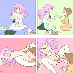 Rule 34 | 4koma, apron, blush, breasts, brown hair, comic, cote, cunnilingus, food, kneeling, navel, no bra, nude, object insertion, oral, panties, pink hair, pink panties, rock paper scissors, sausage, small breasts, thighhighs, uncensored, underwear, undressing