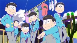 Rule 34 | 10s, 6+boys, :&lt;, blue sky, briefs, brothers, brown hair, cactus, clothesline, cloud, day, unworn eyewear, formal, hand on own hip, jacket, key visual, looking at viewer, male focus, male underwear, matsuno choromatsu, matsuno ichimatsu, matsuno jyushimatsu, matsuno karamatsu, matsuno osomatsu, matsuno todomatsu, multiple boys, official art, open clothes, open jacket, osomatsu-kun, osomatsu-san, promotional art, sextuplets, shirt, siblings, sitting, sky, smile, suit, sunglasses, t-shirt, underwear