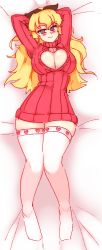 Rule 34 | 1girl, alternate costume, blonde hair, blush, bow, breasts, cleavage cutout, clothing cutout, hair between eyes, heart, heart-shaped pupils, highres, katawa shoujo, long hair, medium breasts, meme attire, open-chest sweater, rtil, satou lilly, skindentation, smile, solo, sweater, symbol-shaped pupils, thighhighs, white thighhighs