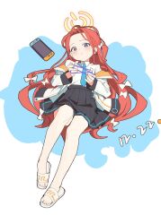 Rule 34 | 1girl, black skirt, blue archive, blue necktie, bow, cat&#039;s cradle, collared shirt, forehead, full body, hair bow, halo, highres, jacket, long hair, long sleeves, necktie, nintendo switch, open clothes, open jacket, pleated skirt, purple eyes, red hair, shirt, skirt, slippers, solo, white bow, white jacket, white shirt, xpsuv, yellow halo, yuzu (blue archive)