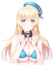 Rule 34 | 10s, 1girl, atago (kancolle), bikini, bikini top only, blonde hair, blue bikini, blue eyes, breasts, choker, hat, kantai collection, large breasts, long hair, looking at viewer, personification, simple background, smile, solo, swimsuit, white background, you06