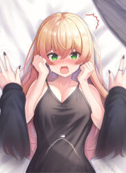 Rule 34 | 2girls, absurdres, black nails, black shirt, blonde hair, breasts, cleavage, fang, female pov, fingernails, green eyes, highres, hiodoshi ao, hololive, hololive dev is, jewelry, large breasts, long hair, looking at viewer, momosuzu nene, multiple girls, nail polish, necklace, open mouth, pov, ring, shirt, skin fang, suicabar72, virtual youtuber, yuri