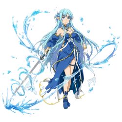Rule 34 | 1girl, asuna (sao), asuna (sao-alo), bare shoulders, blue dress, blue eyes, blue footwear, blue hair, blue theme, boots, breasts, cleavage, detached sleeves, dress, full body, gloves, highres, hydrokinesis, long hair, magic, official art, pointy ears, strapless, strapless dress, sword, sword art online, sword art online: memory defrag, transparent background, water, weapon, white gloves
