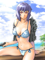 Rule 34 | 00s, 1girl, beach, bikini, breasts, cleavage, cloud, day, front-tie top, ghost in the shell, ghost in the shell stand alone complex, gun, handgun, jacket, kusanagi motoko, large breasts, laughing man (gits), logo, off shoulder, open clothes, open jacket, outdoors, pink eyes, purple hair, short hair, side-tie bikini bottom, sitting, sky, solo, swimsuit, ueyama michirou, water, weapon