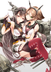 Rule 34 | 10s, 218, 2girls, asymmetrical docking, breast press, breasts, brown hair, green eyes, hair ornament, kantai collection, large breasts, machinery, midriff, multiple girls, mutsu (kancolle), nagato (kancolle), navel, personification, red eyes, tears, turret