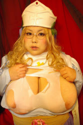 Rule 34 | 1girl, blonde hair, breasts, cosplay, fat, female focus, glasses, highres, huge breasts, jewelry, luu (cosplayer), melpha, melpha (cosplay), necklace, photo (medium), queen&#039;s blade, solo, torn clothes