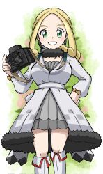 Rule 34 | 1girl, blonde hair, boots, breasts, camera, creatures (company), dress, emapippi, game freak, green eyes, hand on own hip, highres, large breasts, long hair, long sleeves, nintendo, pokemon, pokemon masters ex, teeth, viola (holiday 2023) (pokemon), viola (pokemon)