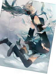 Rule 34 | 1girl, aqua eyes, aqua hair, argyle, argyle clothes, argyle legwear, bare shoulders, black thighhighs, boots, colored eyelashes, detached sleeves, from side, glycan, hatsune miku, headphones, highres, looking up, microphone stand, midair, necktie, skirt, solo, thigh boots, thighhighs, torn clothes, twintails, vocaloid, wind