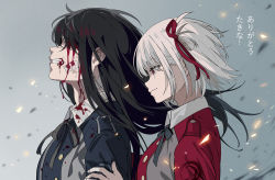Rule 34 | 2girls, bandaid, bandaid on face, black hair, black ribbon, blood, blood from mouth, blood on clothes, blood on face, clenched teeth, closed mouth, collared shirt, crying, crying with eyes open, hair ribbon, inoue takina, long hair, looking at another, lycoris recoil, lycoris uniform, multiple girls, neck ribbon, neko (yanshoujie), nishikigi chisato, red eyes, red ribbon, ribbon, shirt, short hair, tears, teeth, translation request, white hair
