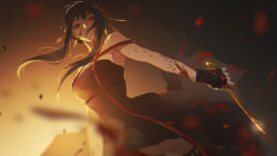 Rule 34 | 1girl, bare shoulders, black dress, black gloves, black hair, blood, blood on arm, blood on clothes, blurry, blurry background, blurry foreground, breasts, commentary request, depth of field, dress, fingerless gloves, gloves, holding, lengchan (fu626878068), long hair, looking at viewer, medium breasts, red pupils, red ribbon, ribbon, solo, spy x family, yor briar