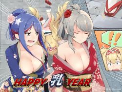 Rule 34 | !, !!, 3girls, alternate costume, befu, blonde hair, blue hair, breasts, cleavage, closed eyes, fallen down, falling, floral print, flower, gambier bay (kancolle), grey hair, hair flower, hair ornament, hair up, hairband, highres, japanese clothes, kantai collection, kimono, large breasts, long hair, multicolored hair, multiple girls, new year, obi, off shoulder, open mouth, outdoors, ponytail, red flower, red hair, red rose, rose, sandals, sash, south dakota (kancolle), star (symbol), tabi, tears, twintails, twitter username, washington (kancolle), white hair