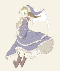 Rule 34 | 10s, 1girl, blush, bonnet, boots, brown hair, dress, frills, full body, green eyes, hat, looking back, magical girl, mahou shoujo madoka magica, mahou shoujo madoka magica (anime), mitsusaka mitsumi, one eye closed, personification, simple background, smile, solo, walpurgisnacht (madoka magica), wink