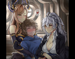 Rule 34 | 1boy, 2girls, ;), age difference, ahoge, asymmetrical bangs, bare shoulders, black detached sleeves, black jacket, blue hoodie, blush, braid, breast press, breast rest, breasts, brown hair, cleavage, closed eyes, collarbone, commentary, couple, detached sleeves, embarrassed, girl sandwich, gran (granblue fantasy), granblue fantasy, green eyes, hair between eyes, heart, hetero, highres, hood, hoodie, indoors, jacket, large breasts, long hair, long sleeves, looking at another, multiple girls, neck, nose blush, one eye closed, open clothes, open jacket, open shirt, pillarboxed, ponytail, sandwiched, sanmoto gorouzaemon, shirt, short hair, shy, silva (granblue fantasy), silver hair, smile, spoken heart, tweyen (granblue fantasy), twin braids, wavy mouth, white shirt, wink, yellow eyes