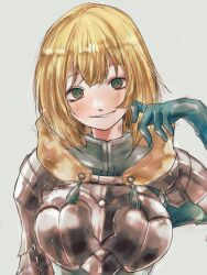 Rule 34 | 1girl, aqua gloves, armor, blonde hair, breastplate, commentary request, fire emblem, fire emblem: three houses, fire emblem warriors: three hopes, gloves, green eyes, grey background, grin, highres, hk 539099410, ingrid brandl galatea, looking at viewer, medium hair, nintendo, official alternate costume, official alternate hairstyle, pauldrons, shoulder armor, simple background, smile, solo, upper body
