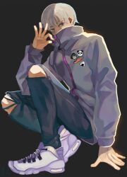 Rule 34 | 1boy, black pants, chinese commentary, commentary request, covered mouth, dated commentary, full body, grey background, grey eyes, grey hair, inumaki toge, jacket, jujutsu kaisen, looking at viewer, male focus, pants, purple footwear, purple jacket, shoes, short hair, sneakers, solo, torn clothes, torn pants, zi tsas, zipper