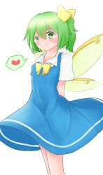 Rule 34 | 1girl, absurdres, arms behind back, blouse, blue dress, bow, bowtie, check commentary, collared shirt, commentary request, daiyousei, debaa, dress, fairy wings, green eyes, green hair, hair between eyes, hair bow, heart, highres, looking at viewer, shirt, short sleeves, side ponytail, simple background, smile, solo, spoken heart, standing, tagme, touhou, white background, white shirt, wings, yellow bow, yellow bowtie