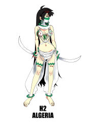 Rule 34 | 1girl, 2014 fifa world cup, absurdres, algeria, anklet, barefoot, beads, bikini, bikini top only, black hair, body writing, breasts, breasts apart, crescent, dual wielding, earrings, full body, half mask, highres, holding, jewelry, looking to the side, lots of jewelry, mask, moon, mouth mask, navel, original, personification, simple background, solo, standing, swimsuit, sword, underboob, weapon, white background, world cup, yu yanshu
