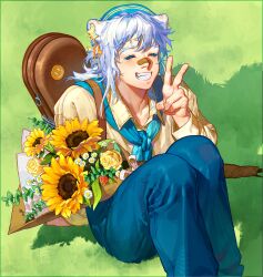 Rule 34 | 1boy, absurdres, animal ear fluff, animal ears, bandaid, bandaid on face, bandaid on nose, bouquet, closed eyes, collared shirt, colored eyelashes, dongbomu, ear ornament, facing viewer, fang, feet out of frame, flower, grass, green background, grin, hand up, highres, holding, holding bouquet, knees up, long hair, long sleeves, male focus, original, outdoors, shadow, shirt, smile, solo, sticker, sunflower, v, white hair, yellow flower, yellow shirt