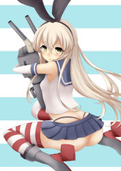 Rule 34 | 10s, 1girl, :&lt;, ass, bad id, bad pixiv id, black panties, blonde hair, boots, elbow gloves, gloves, grey footwear, hair ornament, highres, hug, kantai collection, lifebuoy, long hair, panties, pleated skirt, rensouhou-chan, ribbon, shimakaze (kancolle), skirt, solo, striped clothes, striped thighhighs, swim ring, tama go, tears, thighhighs, thong, underwear, yellow eyes
