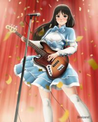Rule 34 | absurdres, akiyama mio, artist name, bass guitar, black eyes, black hair, blue bow, blue skirt, blunt bangs, blush, bow, cable, closed mouth, commentary request, confetti, dreizerel, frilled skirt, frills, highres, holding, holding instrument, instrument, k-on!, left-handed, long hair, long sleeves, microphone, microphone stand, music, playing instrument, sidelocks, skirt, spanish commentary, thighhighs, watermark, white thighhighs
