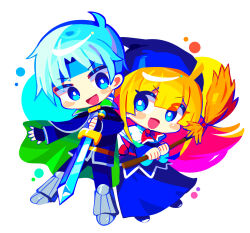 Rule 34 | 1boy, 1girl, blonde hair, blue eyes, blue gloves, broom, chibi, fingerless gloves, gloves, grey hair, highres, holding, holding broom, holding sword, holding weapon, long hair, looking at another, offbeat, puyopuyo, schezo wegey, short hair, simple background, sword, weapon, white background, witch (puyopuyo)