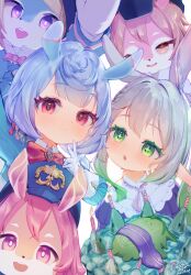 Rule 34 | 5girls, animal ears, blue fur, blue hair, blush, character request, closed mouth, commentary, cross-shaped pupils, crossed bangs, dated, dress, furry, furry female, genshin impact, gloves, green eyes, green hair, grey hair, highres, long sleeves, looking at viewer, melusine (genshin impact), moemaru, multicolored hair, multiple girls, nahida (genshin impact), open mouth, parted lips, pink fur, pointy ears, purple eyes, red eyes, sigewinne (genshin impact), signature, streaked hair, symbol-shaped pupils, teeth, two-tone fur, upper teeth only, white fur, white gloves