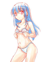 Rule 34 | 1girl, :/, armpit crease, armpits, bare arms, bare legs, bare shoulders, blue hair, blush, bra, bra lift, closed mouth, collarbone visible through hair, commentary request, contrapposto, cowboy shot, dot nose, expressionless, groin, hinanawi tenshi, hip focus, lifted by self, light blue hair, long hair, looking at viewer, naegi (naegidokoro), navel, pale color, panties, petite, red eyes, ribs, simple background, sketch, solo, straight hair, touhou, underwear, underwear only, white background