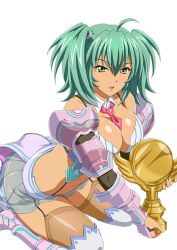 Rule 34 | 1girl, blush, breasts, curvy, dark skin, dark-skinned female, female focus, green eyes, green hair, holding, holding trophy, ikkitousen, large breasts, legs, long hair, looking at viewer, race queen, ryofu housen, simple background, skirt, solo, thighhighs, trophy, twintails, white background