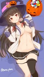 Rule 34 | 10s, 1girl, :p, bad id, bad twitter id, black hair, black panties, black thighhighs, blunt bangs, breasts, candy, cleavage, collarbone, food, gloves, halloween, hat, isokaze (kancolle), jack-o&#039;-lantern, kantai collection, large breasts, lollipop, long hair, looking at viewer, navel, no bra, open clothes, open shirt, panties, pleated skirt, red eyes, ribbon, school uniform, serafuku, shirt, single thighhigh, sketch, skirt, solo, swirl lollipop, takehana note, thighhighs, tongue, tongue out, twitter username, underwear, white gloves