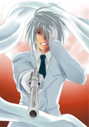 Rule 34 | 1boy, aiming, aiming at viewer, blouse, collared shirt, covering one eye, crying, finger on trigger, formal, friagne, gradient background, gun, handgun, male focus, necktie, okitakung, one eye covered, red background, red eyes, shakugan no shana, shirt, solo, suit, tears, trigger happy, weapon, white shirt