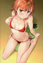 Rule 34 | 1girl, absurdres, arm support, bare arms, bare shoulders, barefoot, bikini, blush, breasts, brown eyes, brown hair, closed mouth, collarbone, full body, gekota, gradient background, hair ornament, highres, lips, looking at viewer, misaka mikoto, navel, pulling own clothes, raika9, red bikini, scan, shiny skin, short hair, side-tie bikini bottom, simple background, sitting, small breasts, solo, stomach, swimsuit, thighs, toaru kagaku no railgun, toaru majutsu no index, toes, wariza
