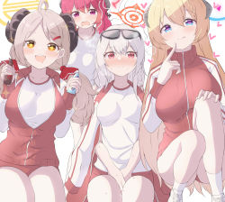 Rule 34 | 4girls, :p, akari (blue archive), blonde hair, blue archive, blue eyes, blush, bottle, braid, brown eyes, collarbone, commentary request, demon girl, demon horns, dual wielding, eyes visible through hair, eyewear on head, glasses, grey hair, gym shirt, gym shorts, gym uniform, hair between eyes, hair ornament, hairclip, halo, haruna (blue archive), haruna (track) (blue archive), heart, highres, holding, holding bottle, horns, izumi (blue archive), jacket, junko (blue archive), long hair, long sleeves, looking at viewer, multiple girls, official alternate costume, parted bangs, red eyes, red hair, shirt, shorts, sidelocks, simple background, single braid, squatting, sunglasses, sweatdrop, symbol-shaped pupils, tongue, tongue out, tonomiya68, track jacket, twintails, white background