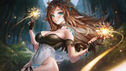 Rule 34 | 1girl, antlers, artofkuzu, black gloves, blue eyes, blush, breasts, brown hair, choker, commentary, english commentary, fingerless gloves, fireworks, forest, gloves, highres, holding, holding fireworks, horns, indie virtual youtuber, large breasts, leotard, long hair, looking at viewer, nature, second-party source, solo, sparkler, strapless, strapless leotard, sugi aoki, virtual youtuber