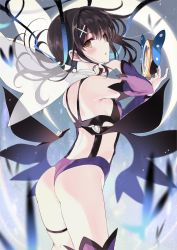 Rule 34 | 1girl, arched back, arm up, ass, back, bare shoulders, black hair, breasts, cowboy shot, detached sleeves, fate/kaleid liner prisma illya, fate (series), floating hair, from behind, hair ornament, highres, leotard, long hair, long sleeves, looking at viewer, looking back, miyu edelfelt, nanananana, parted lips, purple leotard, revealing clothes, small breasts, solo, standing, thigh strap, thighs, wedgie, x hair ornament, yellow eyes