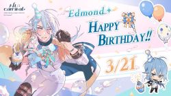 Rule 34 | 1boy, aiguillette, balloon, bishounen, black gloves, blue eyes, blue hair, blush, bodysuit, candle, chibi, cream, cream on body, cream on face, cupcake, edmond (nu carnival), epaulettes, food, food on face, gem, gloves, half gloves, happy birthday, hat, knight, light blue hair, long hair, long sleeves, low ponytail, male focus, nu carnival, official art, one eye closed, party hat, white bodysuit