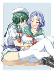 Rule 34 | 2girls, blouse, blue hair, blue one-piece swimsuit, blush, boots, cosplay, eyebrows, green hair, hat, holding hands, kumoi ichirin, long hair, multiple girls, murasa minamitsu, murasa minamitsu (cosplay), neckerchief, one-piece swimsuit, open mouth, red neckerchief, shirt, short hair, short shorts, shorts, smile, swimsuit, swimsuit under clothes, thighhighs, touhou, white legwear, white shirt, yohane