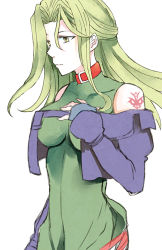 Rule 34 | 1girl, bad id, bad pixiv id, bare shoulders, breasts, collar, collarbone, dress, fingerless gloves, gloves, green eyes, green hair, hayuki106, jacket, lamia loveless, large breasts, long hair, simple background, solo, super robot wars, tattoo, white background