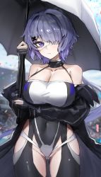 Rule 34 | 1girl, arknights, bare shoulders, black coat, breasts, cleavage, clothing cutout, coat, collarbone, commentary request, covered navel, cowboy shot, eyepatch, groin, hair ornament, highres, hip vent, holding, holding umbrella, horn/wood, jacket, jacket partially removed, large breasts, looking at viewer, medical eyepatch, off shoulder, open clothes, open coat, purple eyes, purple hair, race queen, short hair, solo, standing, thigh cutout, thighs, umbrella, whisperain (arknights), white umbrella, x hair ornament