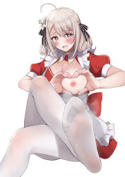 Rule 34 | 1girl, absurdres, ahoge, apron, black ribbon, blush, commission, dress, embarrassed, eyelashes, feet, flower, foot focus, foot out of frame, foreshortening, frilled apron, frills, grey hair, hair between eyes, hair flower, hair ornament, hair ribbon, heart, heart-shaped boob challenge, heart-shaped pupils, heart hands, highres, knee up, legs, lily (flower), lily (spy kyoushitsu), long hair, long sleeves, maid apron, nipples, no shoes, one breast out, open mouth, pantyhose, pink eyes, puffy long sleeves, puffy short sleeves, puffy sleeves, red dress, ribbon, sahara1127, shadow, short dress, short sleeves, sidelocks, simple background, skeb commission, smell, soles, solo, spy kyoushitsu, steaming body, symbol-shaped pupils, toes, white apron, white background, white pantyhose, white ribbon