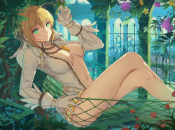 Rule 34 | 10s, 1girl, :o, ahoge, arched back, blonde hair, breasts, crossed legs, fate/extra, fate/extra ccc, fate (series), fence, from side, gloves, green eyes, hair between eyes, hair intakes, hammock, hand up, large breasts, looking at viewer, navel, nero claudius (bride) (fate), nero claudius (fate), nero claudius (fate) (all), parted lips, rafael-m, sitting, solo, unzipped, white gloves