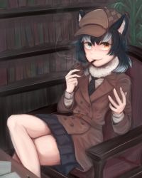 Rule 34 | 10s, 1girl, animal ears, asuka nasuka, bad id, bad pixiv id, black hair, blue eyes, book, breasts, fur collar, gloves, graphite (medium), grey wolf (kemono friends), heterochromia, highres, holding, holding smoking pipe, kemono friends, long hair, long sleeves, looking at viewer, multicolored hair, necktie, pipe in mouth, sitting, skirt, small breasts, smoking, smoking pipe, solo, traditional media, two-tone hair, wolf ears, yellow eyes
