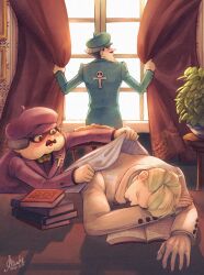 Rule 34 | 3boys, absurdres, ace attorney, ashley graydon, beret, black hair, blonde hair, book, book stack, bow, bowtie, brothers, closed eyes, closed mouth, curtain grab, curtains, facial hair, green headwear, green jacket, hat, highres, indoors, jacket, long sleeves, looking at another, lying, male focus, multiple boys, mustache, nash skulkin, on table, open book, plant, potted plant, ringo skulkin, short hair, siblings, sitting, sleeping, table, the great ace attorney, the great ace attorney: adventures, tsuki (applebeniakari), white jacket, window