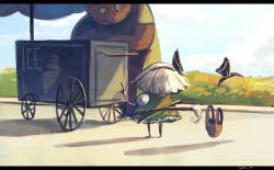 Rule 34 | 1boy, 1girl, basket, commentary request, food, food stand, from behind, hairband, ice cream, konpaku youmu, konpaku youmu (ghost), koto inari, letterboxed, looking at another, scabbard, shadow, sheath, short hair, short sleeves, skirt, skirt set, touhou, v, white hair