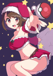 Rule 34 | 1girl, :d, alternate costume, belt, blush, bob cut, breasts, brown belt, brown eyes, brown hair, christmas, cleavage, collarbone, commentary request, creatures (company), game freak, gloria (pokemon), hat, holding, holding sack, ka-9, looking at viewer, navel, nintendo, open mouth, outstretched arm, poke ball, poke ball (basic), pokemon, pokemon swsh, purple background, red hat, red skirt, sack, santa hat, short hair, skirt, smile, solo, star (symbol), teeth, tongue, upper teeth only