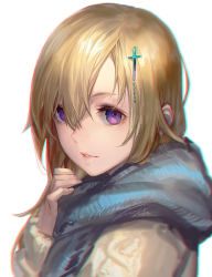Rule 34 | 1girl, artist name, blonde hair, coat, commentary request, cross, hair between eyes, hair ornament, highres, long hair, looking at viewer, luen kulo, original, parted lips, purple eyes, scarf, signature, simple background, solo, upper body, white background