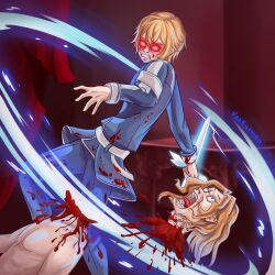 Rule 34 | 2boys, absurdres, angry, blood, commission, death, decapitation, dying, eugeo, guro, head, highres, multiple boys, raios antinous, second-party source, sword art online, sword art online: alicization, vankusman