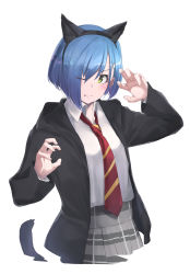 Rule 34 | 10s, 1girl, ;p, animal ears, blue hair, cat ears, cat tail, coat, darling in the franxx, dress shirt, fake animal ears, green eyes, hair ornament, hairband, hairclip, highres, ichigo (darling in the franxx), looking at viewer, necktie, one eye closed, open clothes, open coat, plaid, plaid skirt, school uniform, shirt, short hair, skirt, solo, tail, tongue, tongue out, u-st (uweiter), white background, white shirt